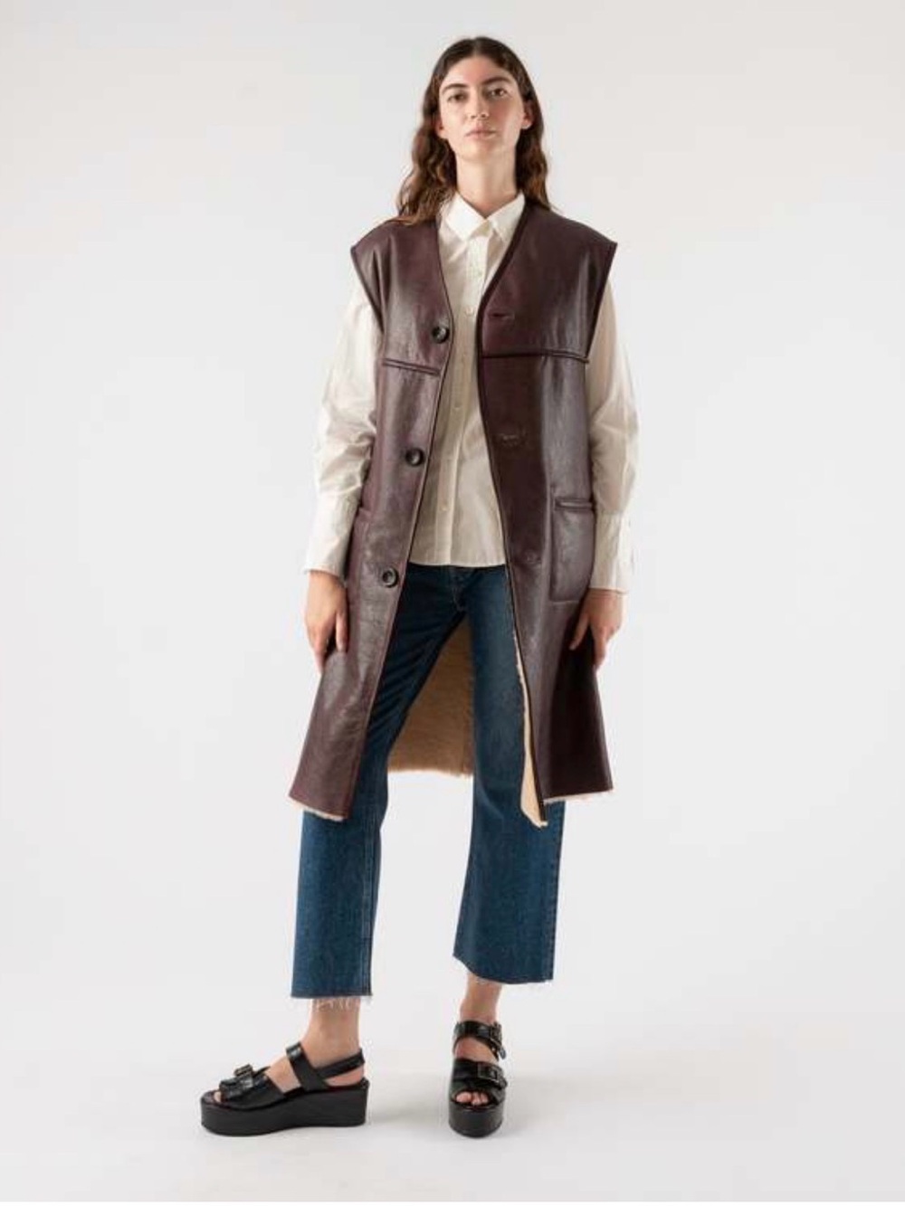 Marni Leather Long Vest with Contrast Shearling Lining